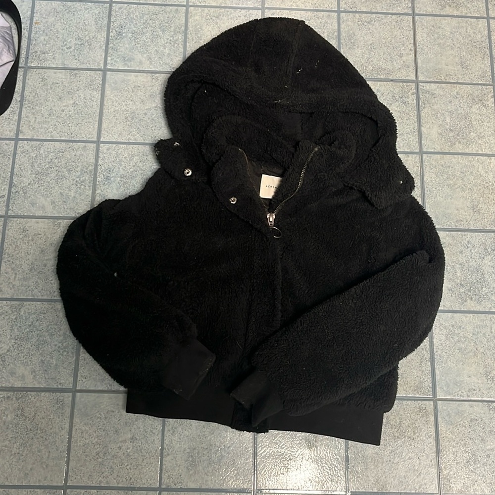 Aeropostale fuzzy Sherpa black bomber jacket - Picture 2 of 4